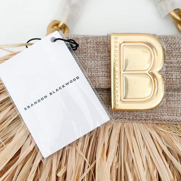 Brandon Blackwood Micro Nia Bag in Beige Linen with Fringed Wicker and Gold Bras - Picture 11 of 14